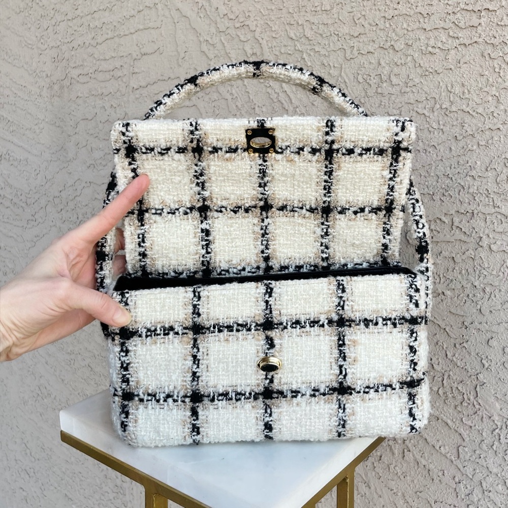 ANINE BING Black & White Textured Wool Tweed Plaid Flap Nico Shoulder Bag - Picture 13 of 17